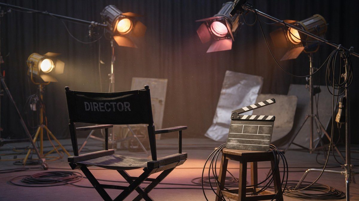 Coulisses d'un plateau de tournage, fauteuil de réalisateur vide, projecteurs et clap posé sur un tabouret.