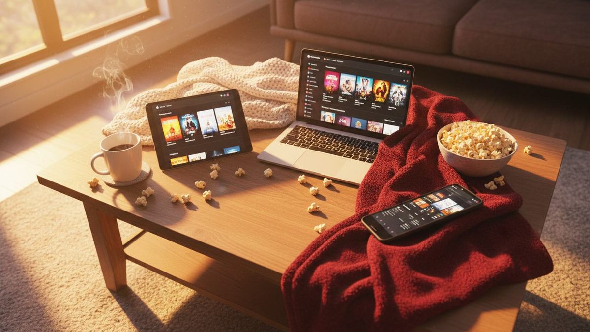 Vue plongeante sur une table basse avec plusieurs appareils affichant des interfaces de streaming, entourés de pop-corn et d'une tasse de café