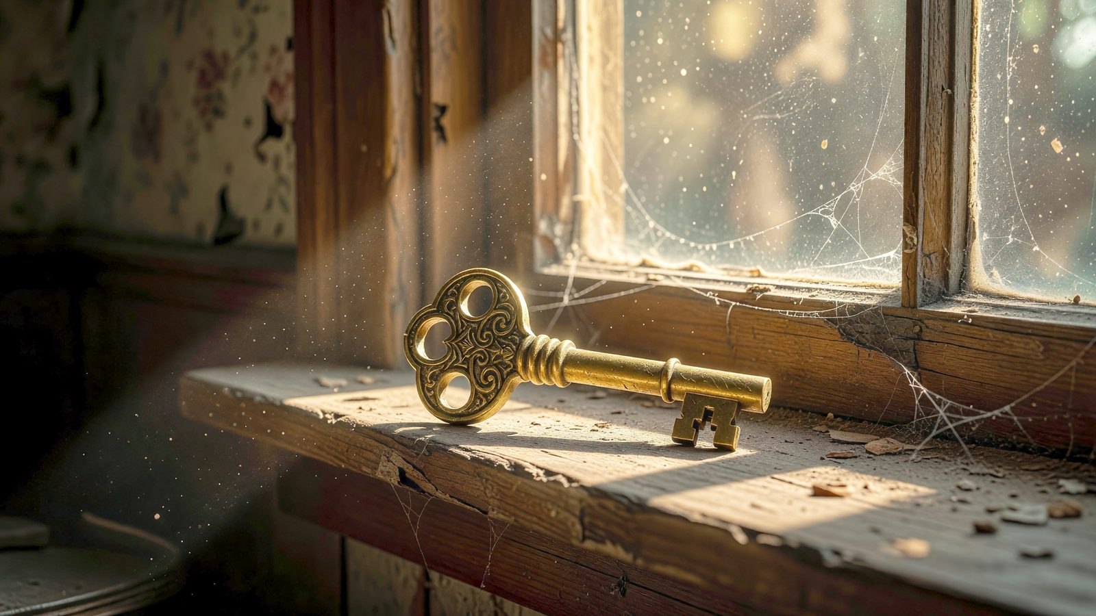 Gros plan sur une vieille clé en laiton posée sur le rebord poussiéreux d'une fenêtre de maison hantée, éclairée par une lumière dorée.