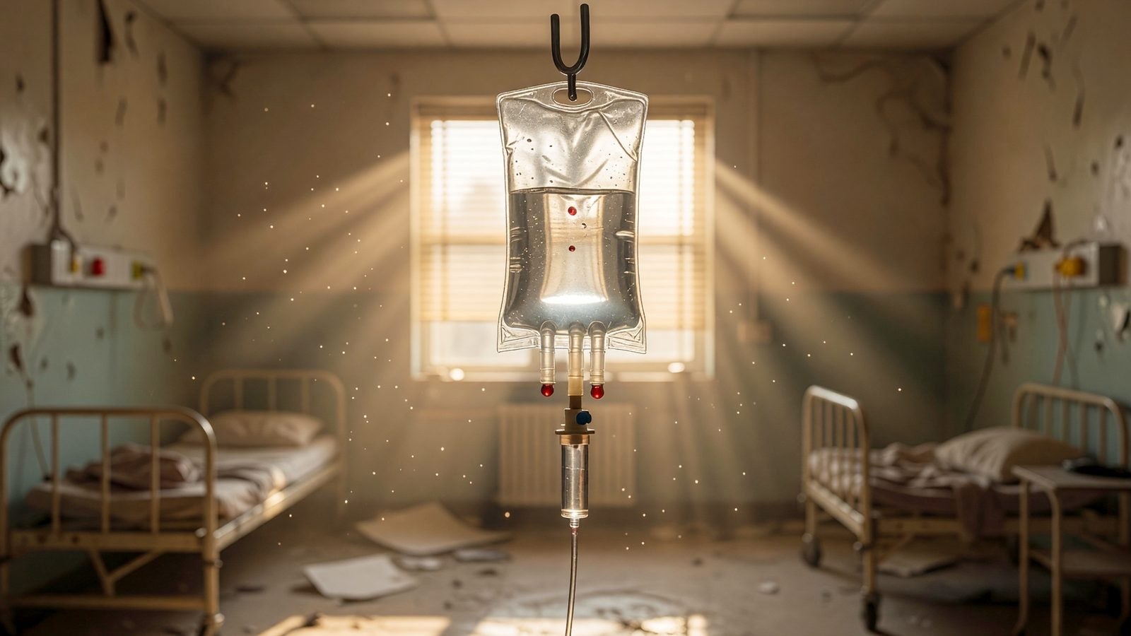 Gros plan sur une poche de perfusion avec quelques gouttes rouges, dans une chambre d'hôpital abandonnée éclairée par une lumière ambrée traversant des stores.