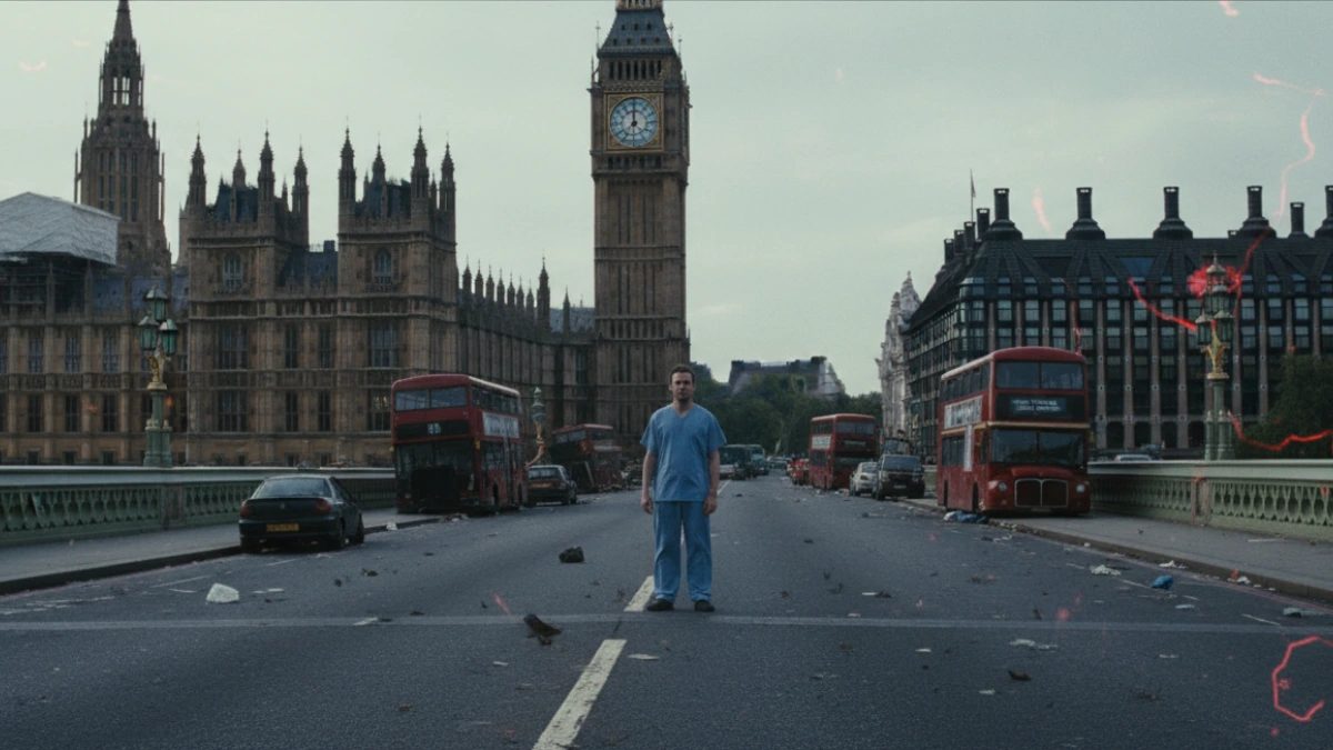 Scène iconique de Jim seul sur le pont de Westminster à Londres dans le film 28 jours plus tard.