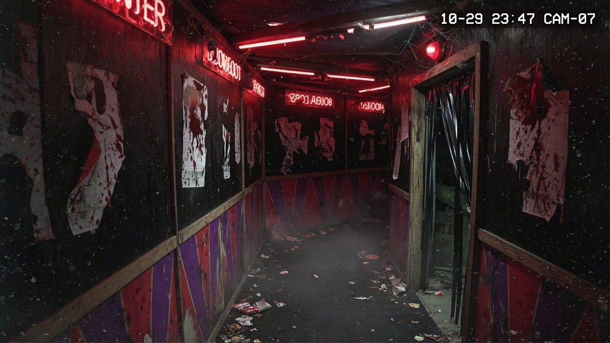 Couloir sombre d'une attraction hantée filmé en style caméra de surveillance, ambiance inquiétante