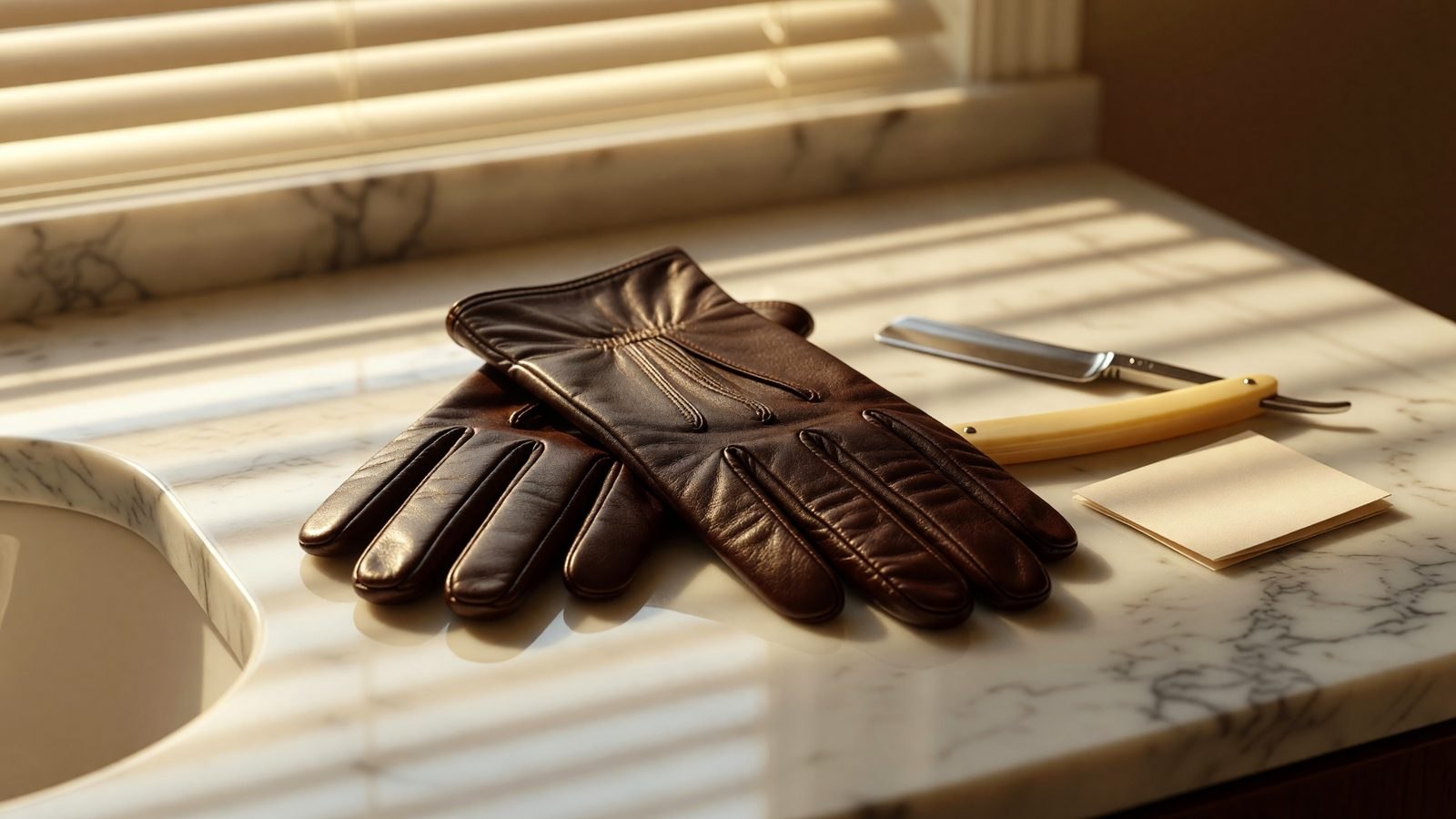 Gros plan sur des gants en cuir et un rasoir posés sur un comptoir en marbre, éclairés par une lumière dorée filtrant à travers un store.