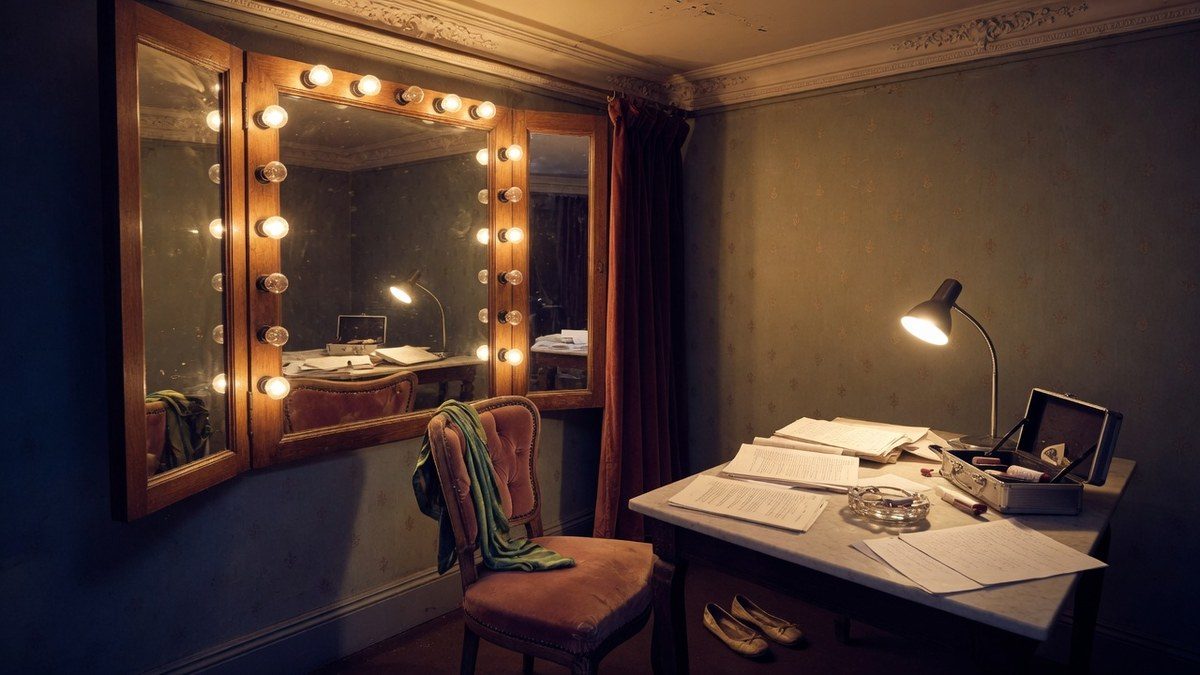 Loge de cinéma vintage déserte, miroir à ampoules, fauteuil de velours et scripts posés sur une table.