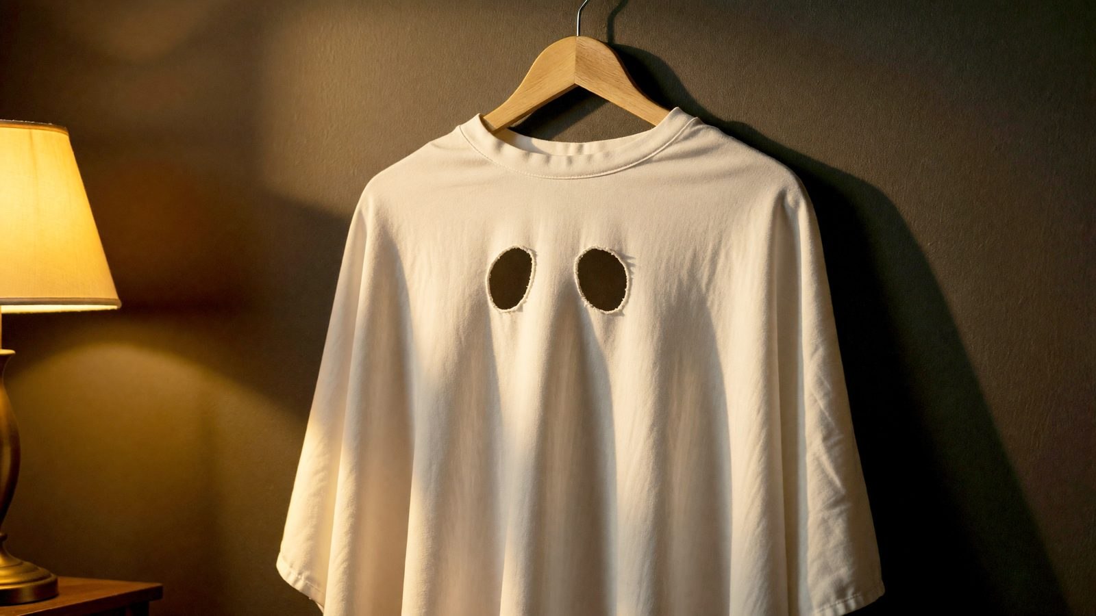 Costume de fantôme en drap blanc suspendu, éclairé par une lumière chaude et dramatique