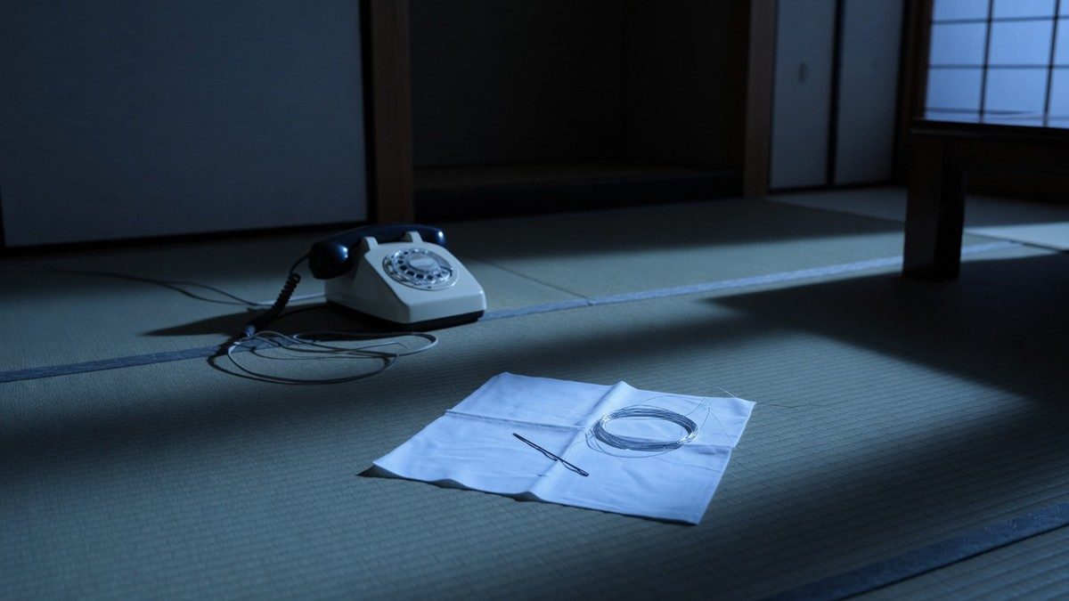Intérieur japonais sobre et sombre avec un téléphone, une aiguille et un fil métallique posés sur un linge blanc, sans personnage visible