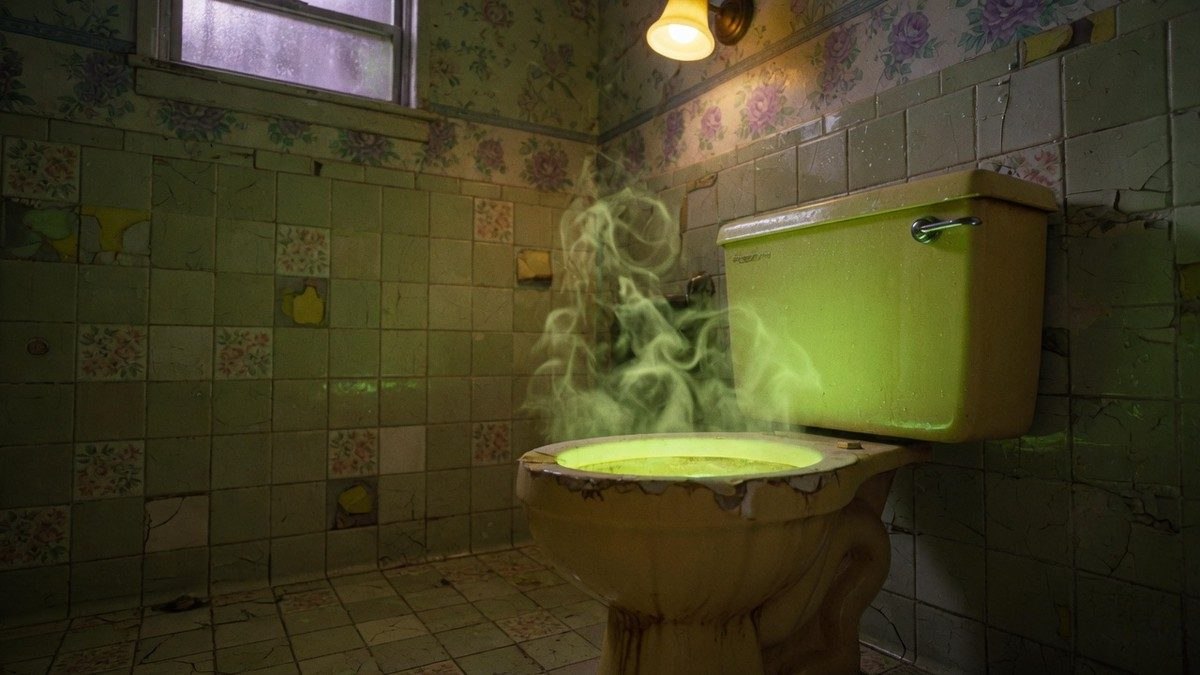 Cuvette de toilettes dans une salle de bain vintage faiblement éclairée, avec une lueur verdâtre inquiétante, dans une ambiance d'horreur rétro années 80
