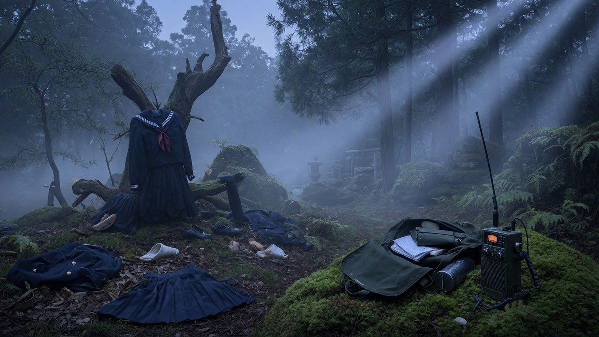 Forêt brumeuse au crépuscule avec des uniformes scolaires abandonnés au sol, évoquant l'atmosphère du film sans personnage visible
