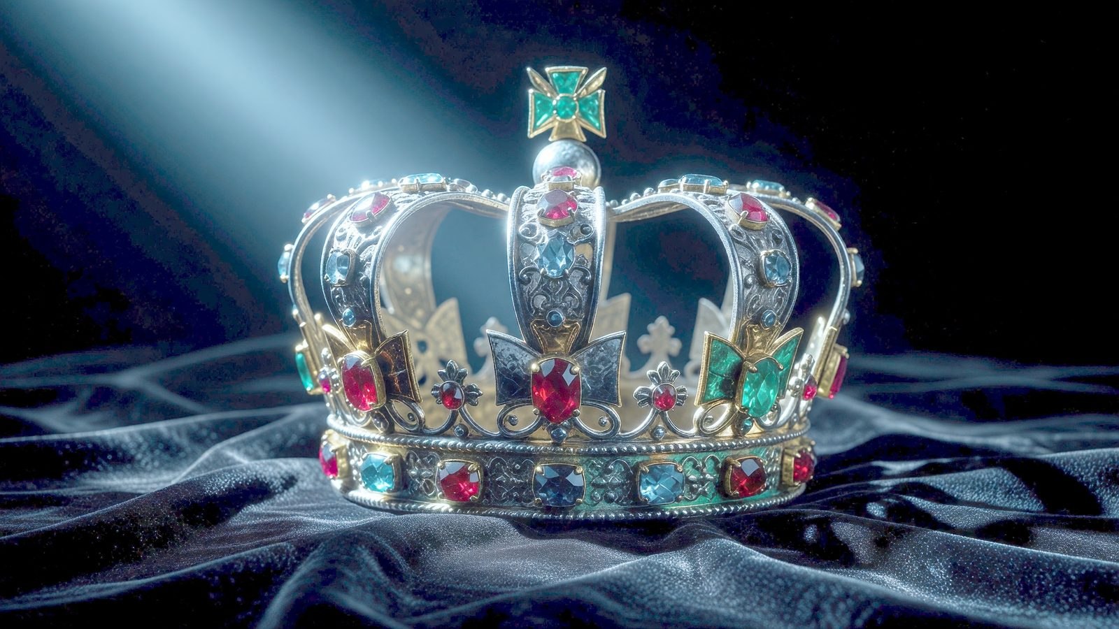 Gros plan sur une couronne ancienne et ornée, éclairée par un rayon de lumière froide dans l'obscurité, ambiance gothique horrifique.
