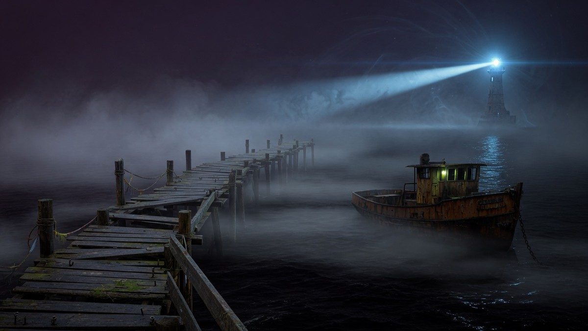 Ponton en bois plongeant dans une mer brumeuse et sombre la nuit, avec un vieux chalutier rouillé en arrière-plan