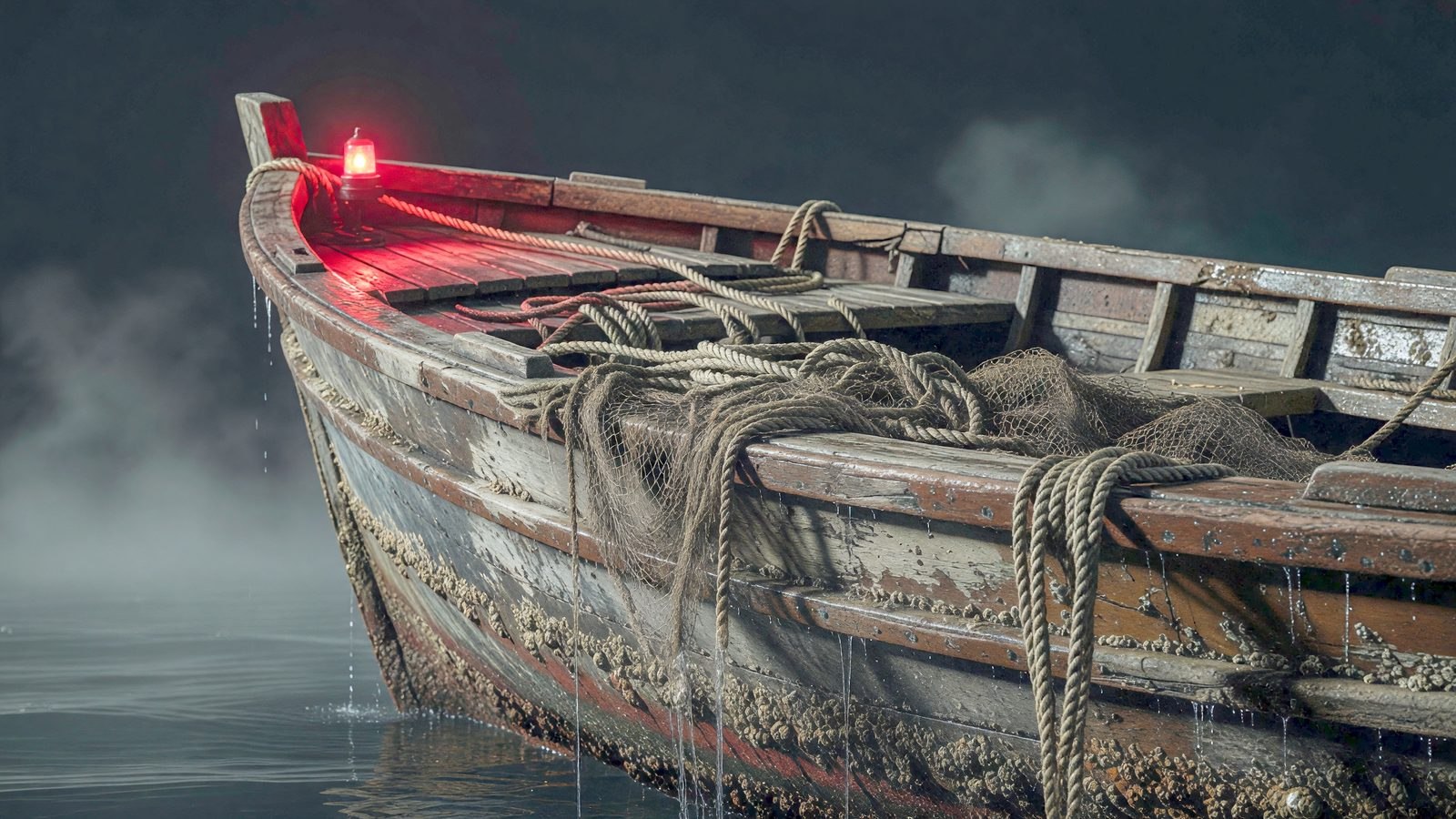 Gros plan sur une coque de bateau de pêche et un filet humide éclairés par une lumière rouge de navigation, dans une ambiance nocturne et brumeuse