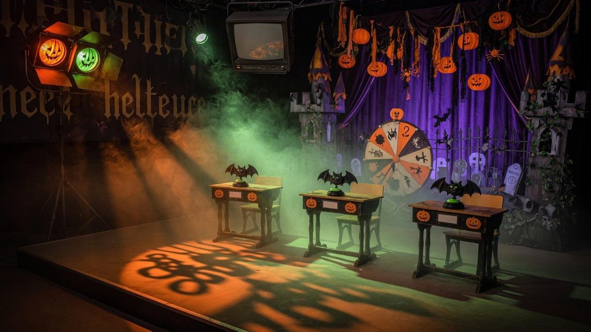 Décor de plateau de jeu télé horrifique vide, baigné d'une lumière verte et orange, ambiance Halloween