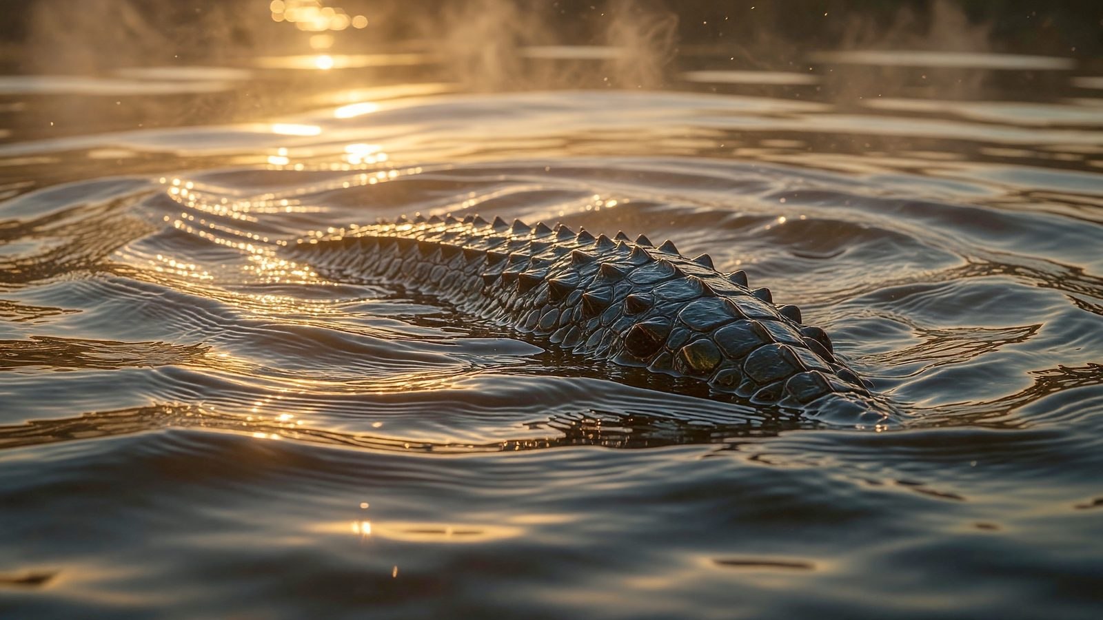 Gros plan sur l'eau sombre d'un marécage, éclairée par une lumière dorée, avec des écailles de serpent affleurant à la surface