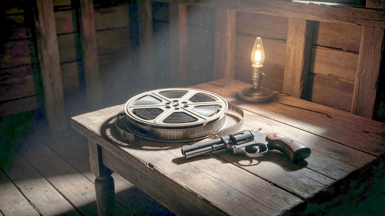 Ambiance en clair-obscur évoquant un thriller noir britannique, avec une lumière chaude tranchant sur un décor sombre