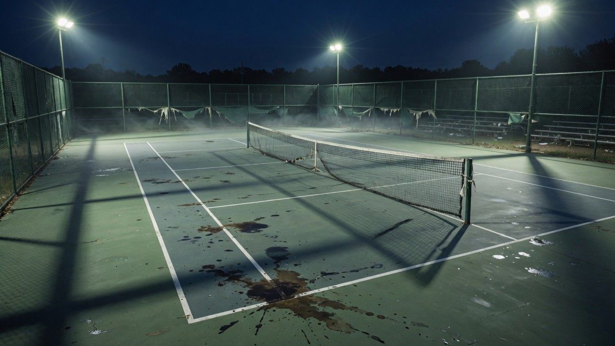 Un court de tennis désert la nuit, filet déchiré et lignes tachées sous des projecteurs, ambiance inquiétante