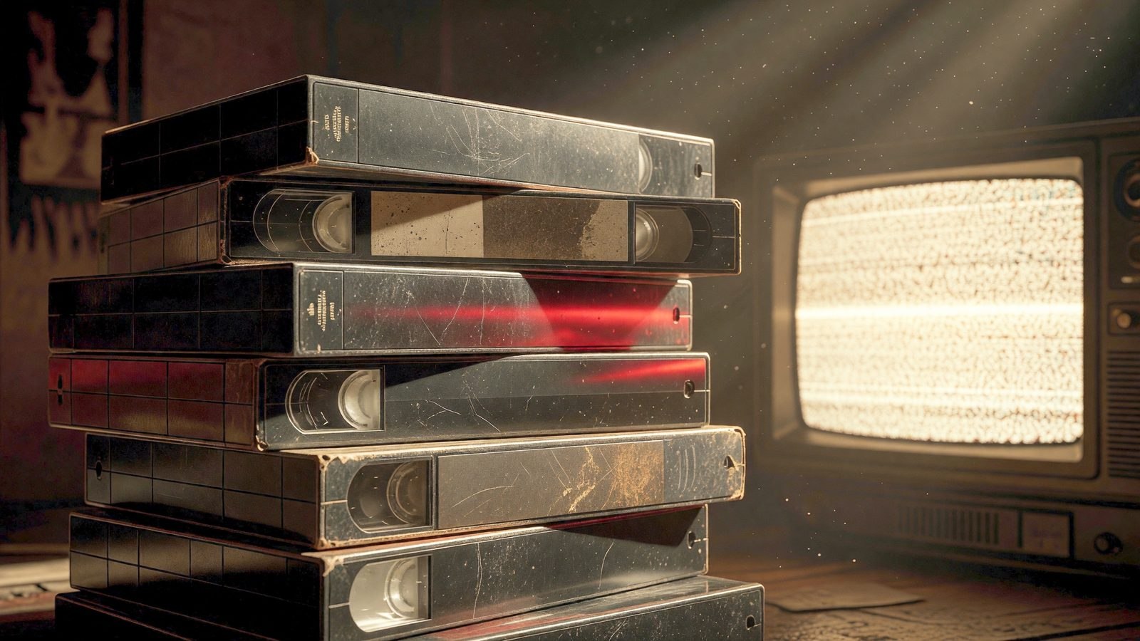 Gros plan sur des cassettes VHS vintage éclairées par la lueur d'un vieux téléviseur dans une pièce sombre