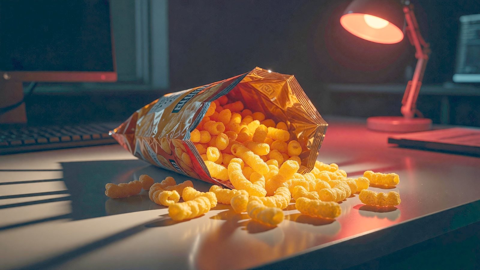 Gros plan sur un paquet de snacks au fromage renversé sur un bureau de bureau, éclairé par une lumière rouge inquiétante