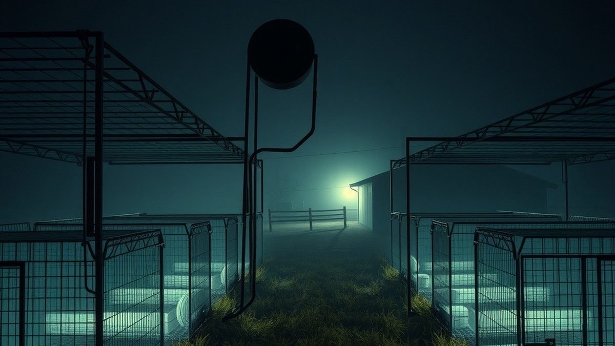 Chenil isolé et inquiétant dans un ranch rural la nuit, ambiance d'horreur sans personnage