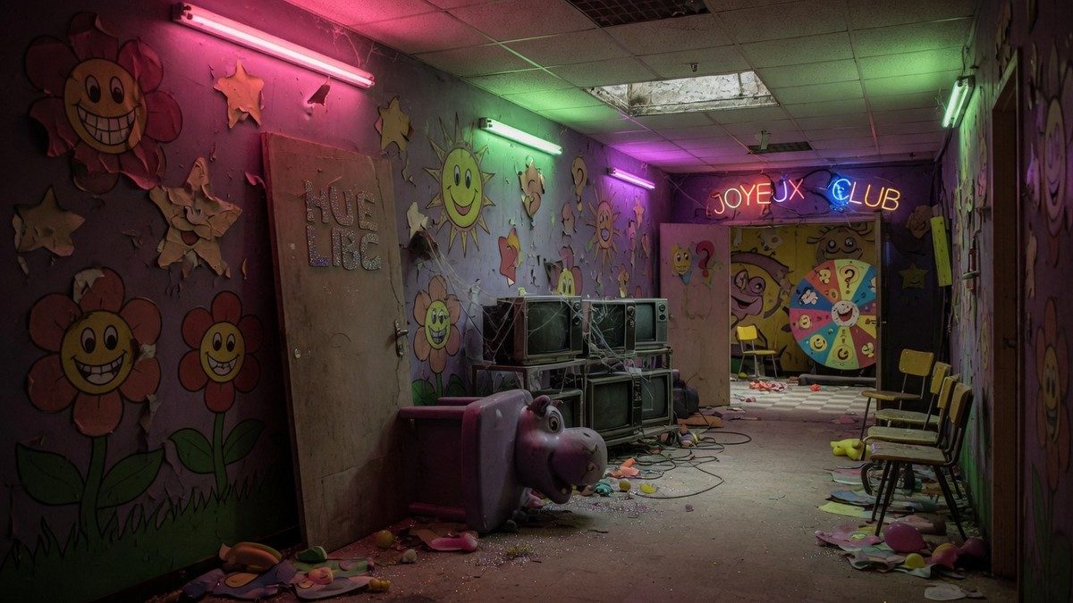 Couloir sombre d'un studio de télévision abandonné avec des décors d'émission jeunesse à l'ambiance inquiétante