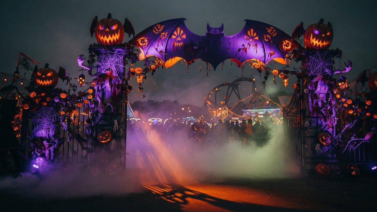 Entrée illuminée d'un parc d'attractions décoré pour un événement d'Halloween nocturne