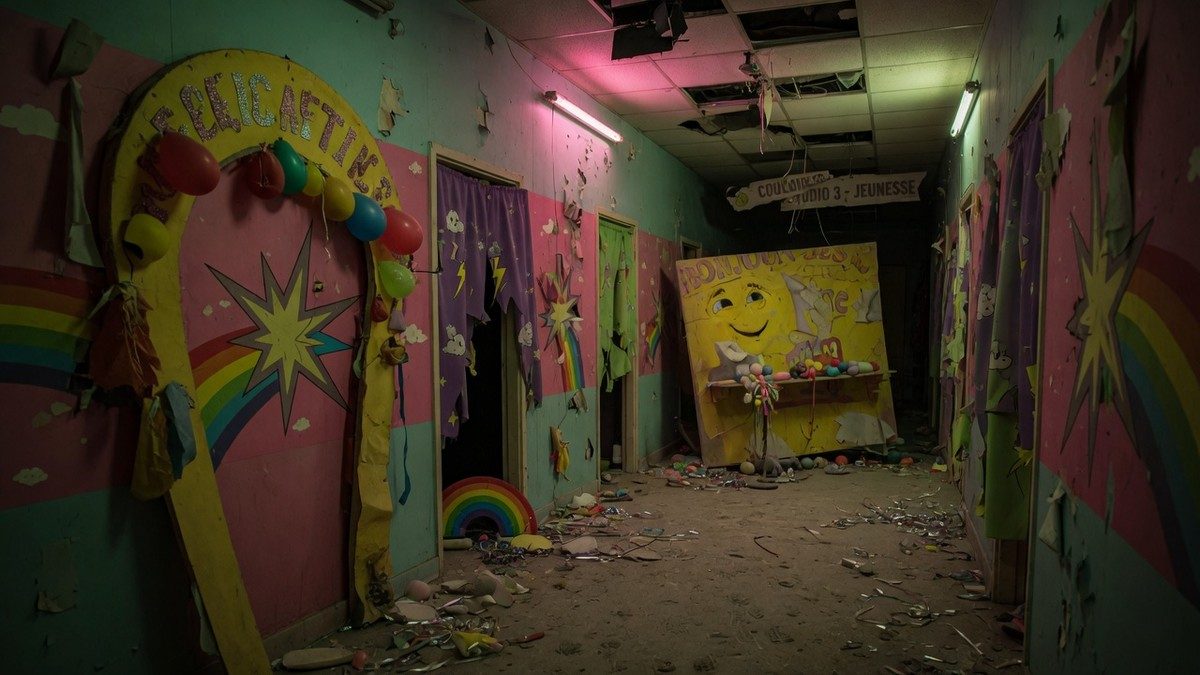 Décor d'un studio télé jeunesse abandonné, ambiance inquiétante, sans personnage visible