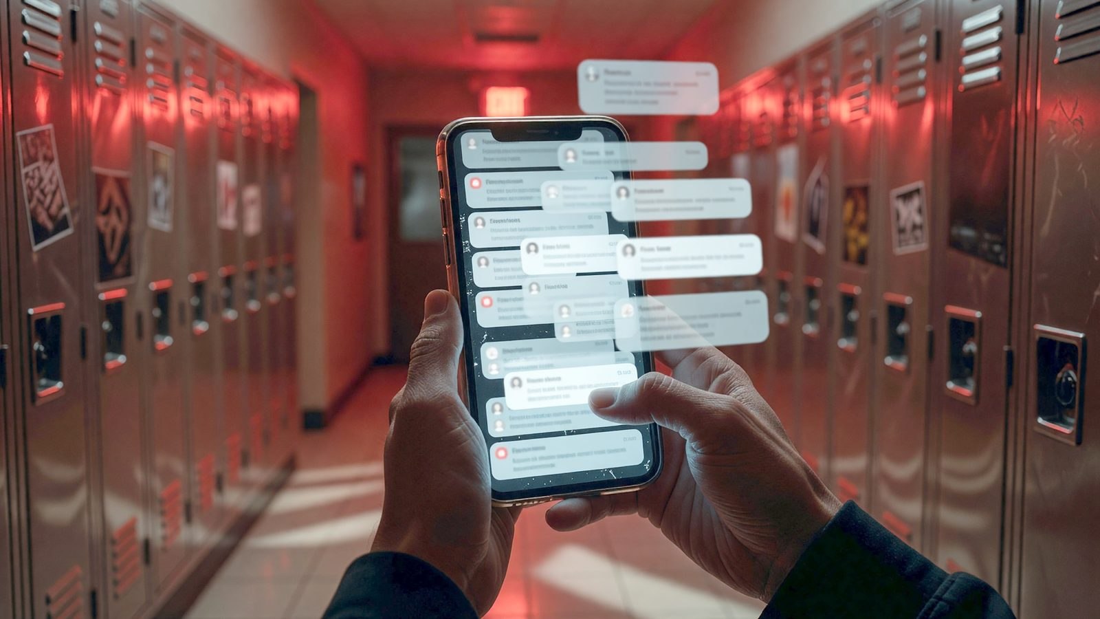 Gros plan sur un smartphone qui affiche des notifications dans un couloir de lycée sombre, éclairé d'une lumière rouge