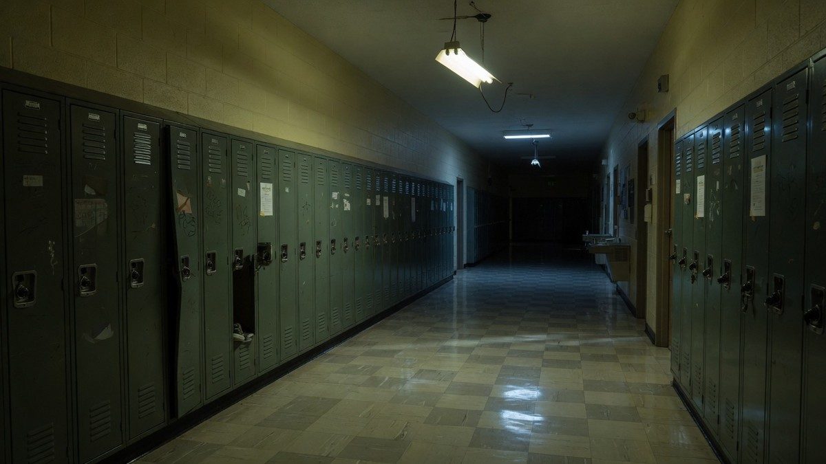 Couloir de lycée sombre et vide la nuit, éclairé par une ampoule vacillante, ambiance inquiétante