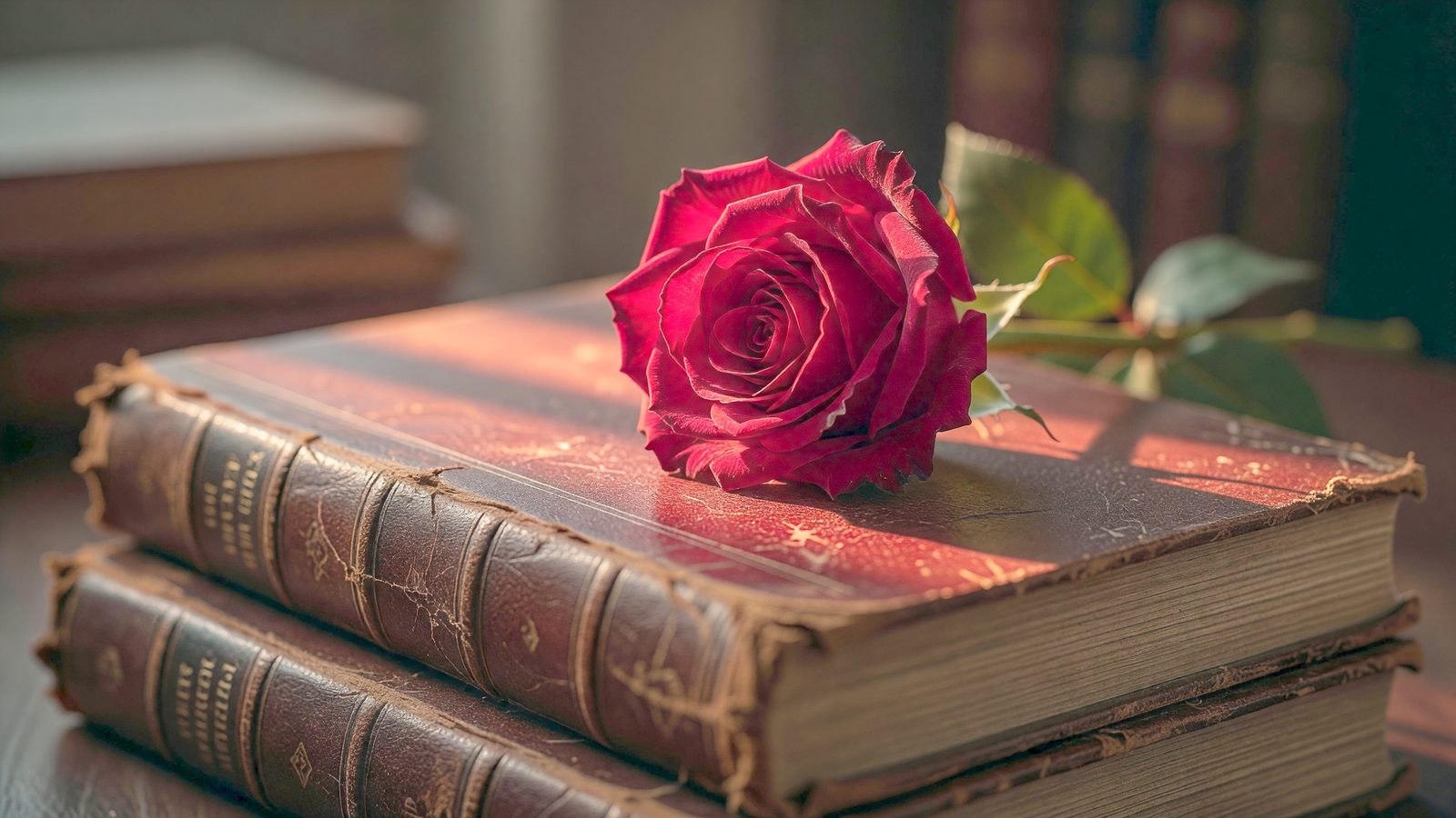 Une rose rouge posée sur une pile de vieux livres en cuir, éclairée par une lumière rouge dramatique