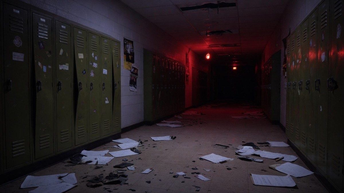Couloir de lycée vide plongé dans une lumière rouge inquiétante, ambiance horreur