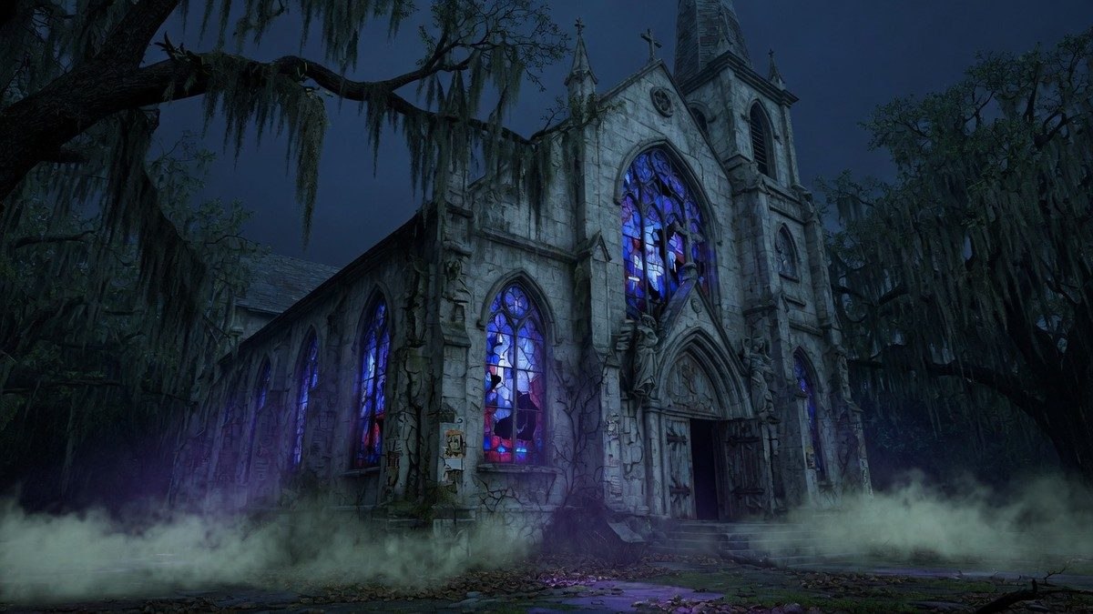 Façade d'une vieille église plongée dans la brume nocturne, entourée d'arbres couverts de mousse espagnole, ambiance gothique et inquiétante