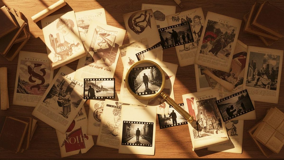 Vue plongeante sur des centaines d'affiches de films vintage étalées sur une table en bois avec une loupe