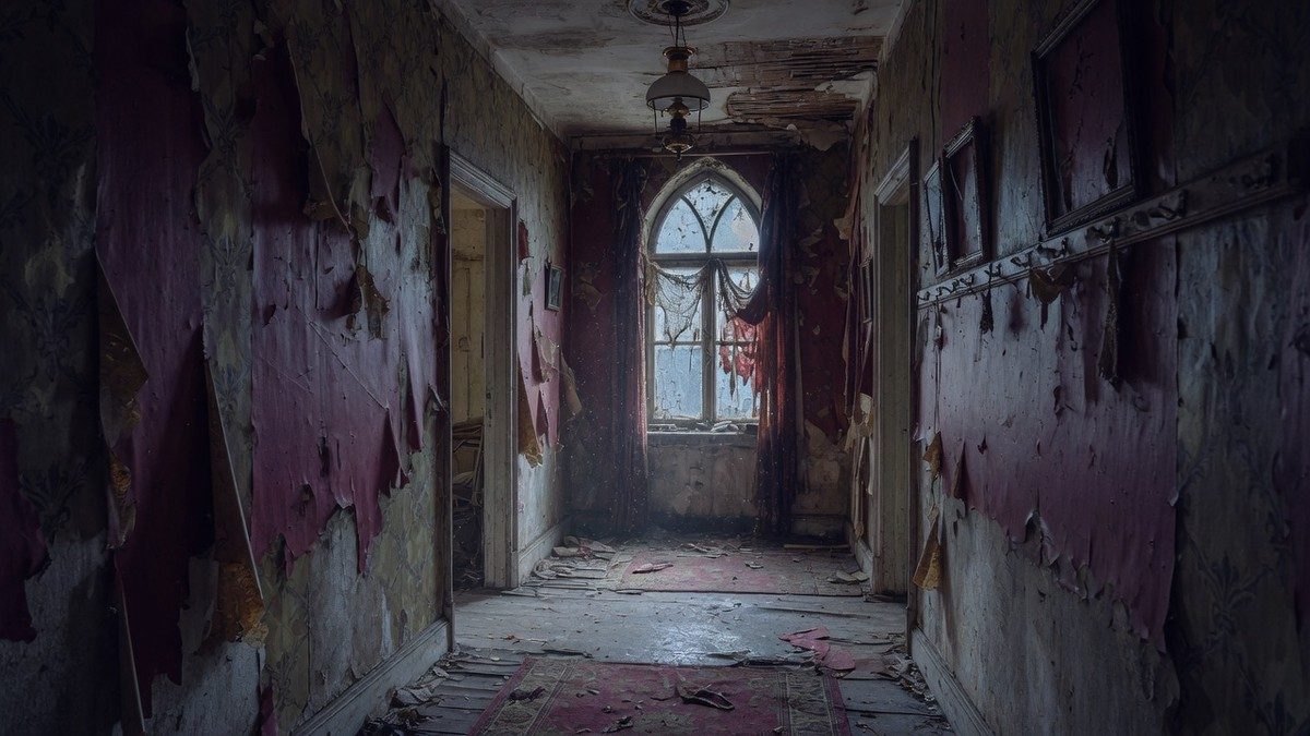 Couloir sombre et délabré d'un manoir gothique, ambiance inquiétante