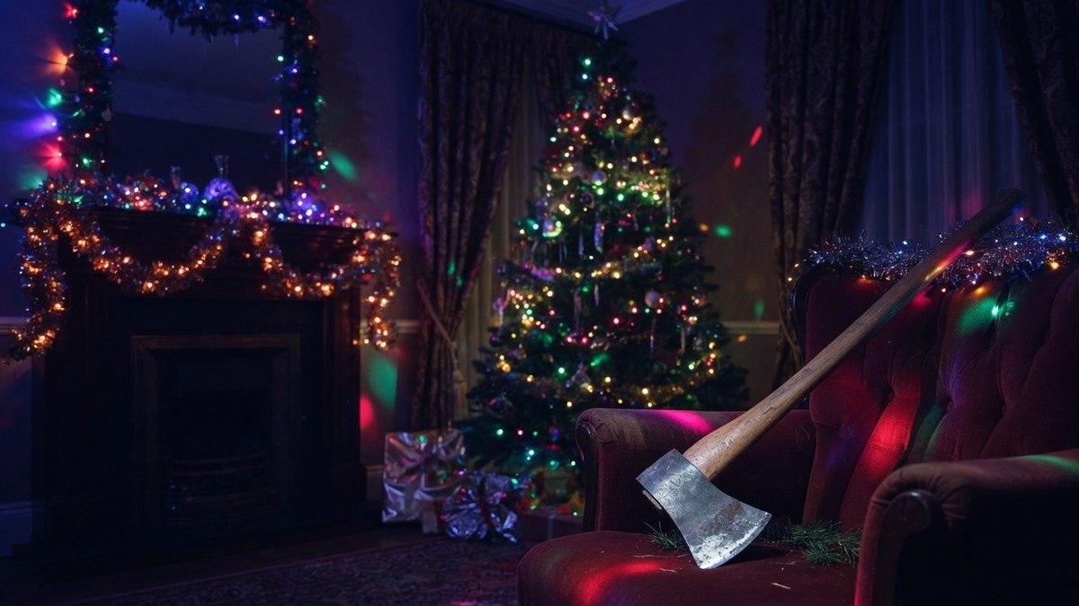 Salon de Noël sombre et inquiétant avec guirlandes lumineuses et une hache posée près d'un fauteuil