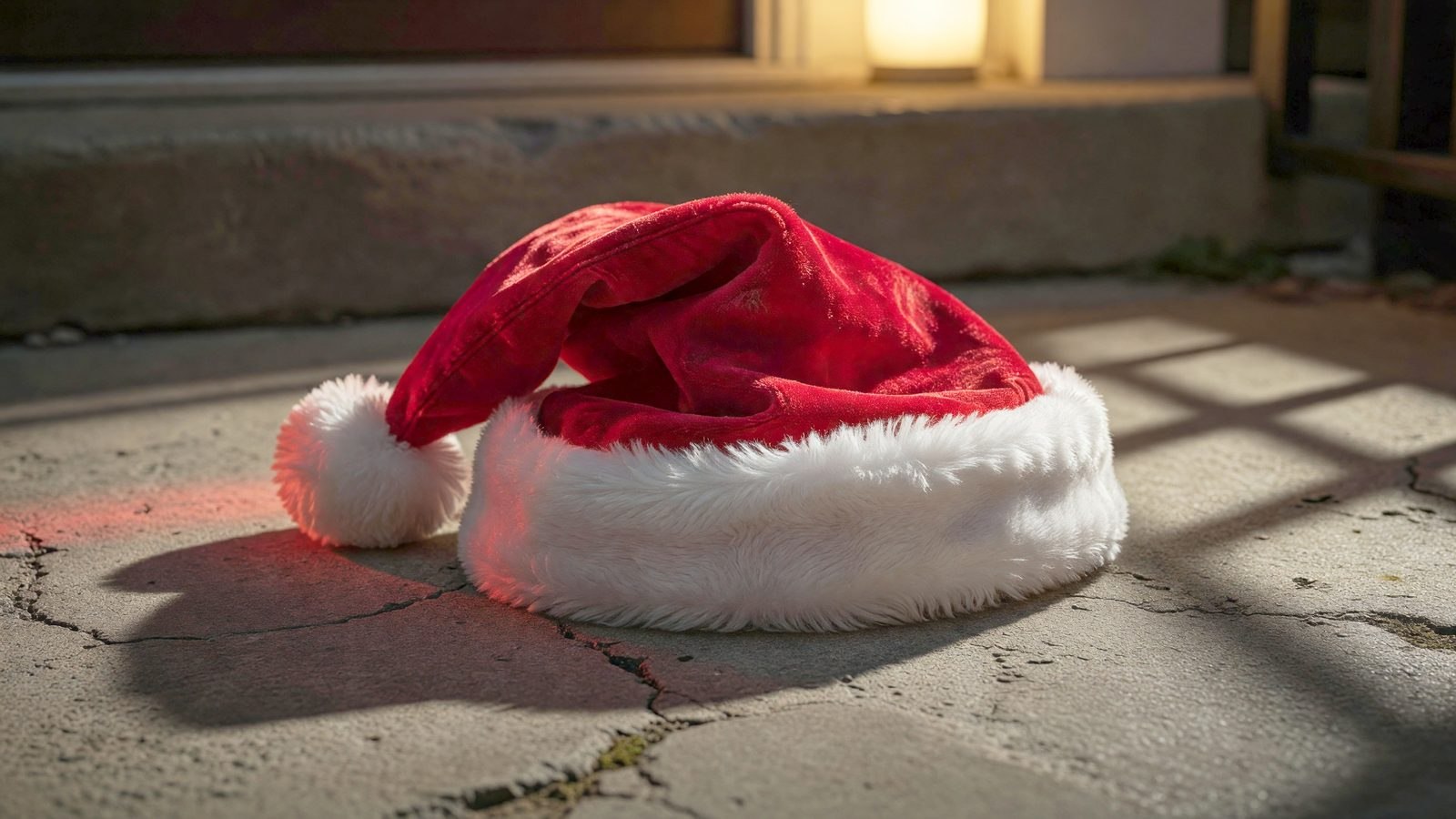 Un bonnet de Père Noël rouge abandonné sur un perron éclairé par une lumière dorée au crépuscule