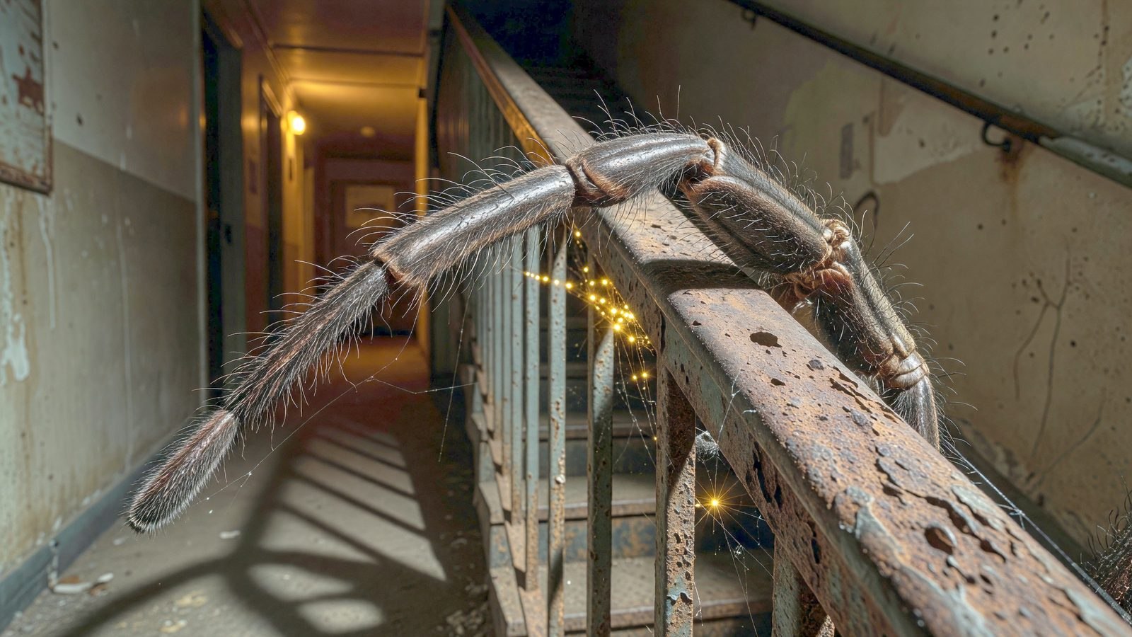 Gros plan sur une patte d'araignée agrippée à une rampe métallique dans un couloir d'immeuble faiblement éclairé
