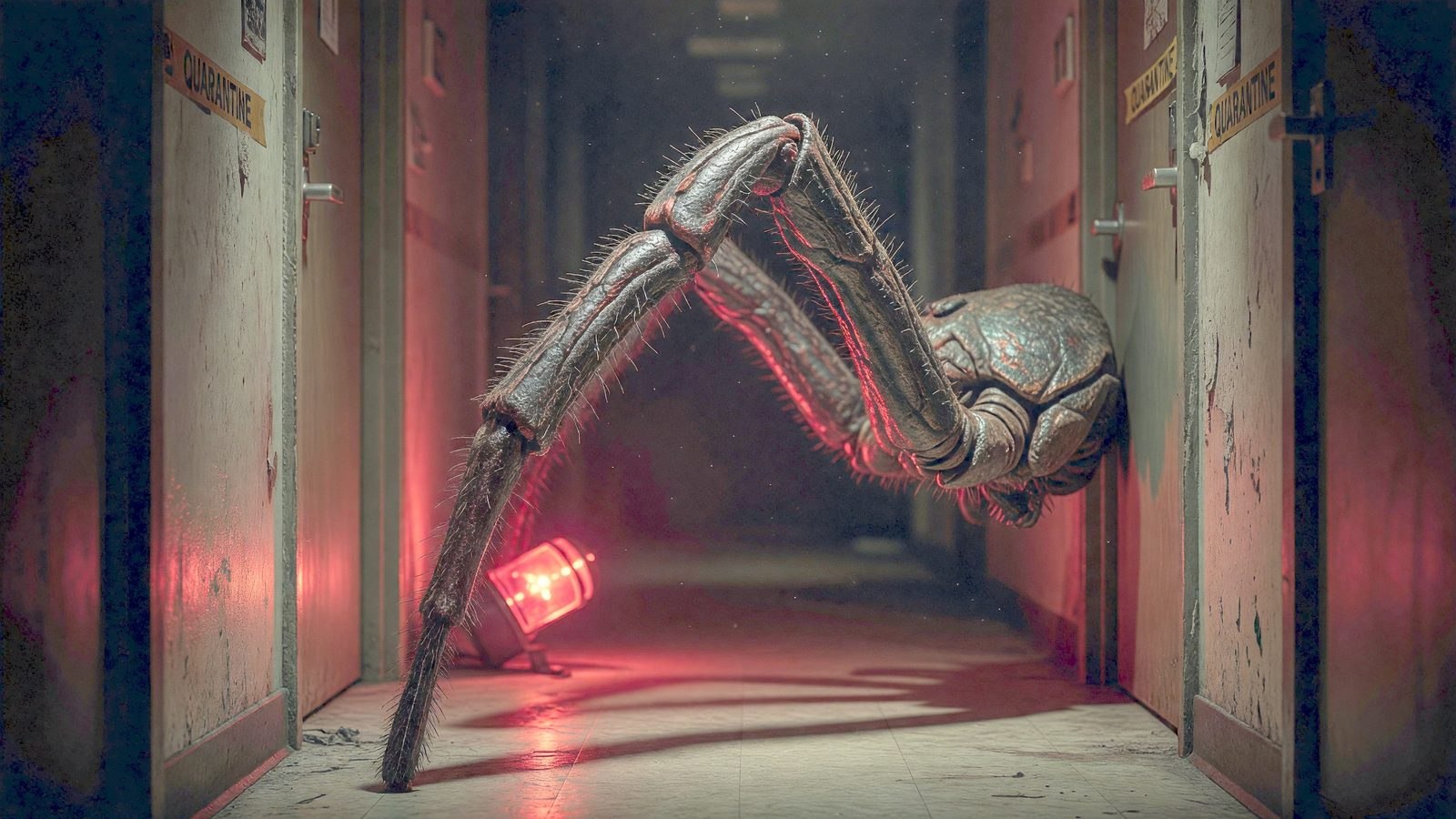 Gros plan sur une patte d'araignée géante émergeant de l'ombre dans un couloir d'immeuble éclairé d'une lumière rouge d'urgence