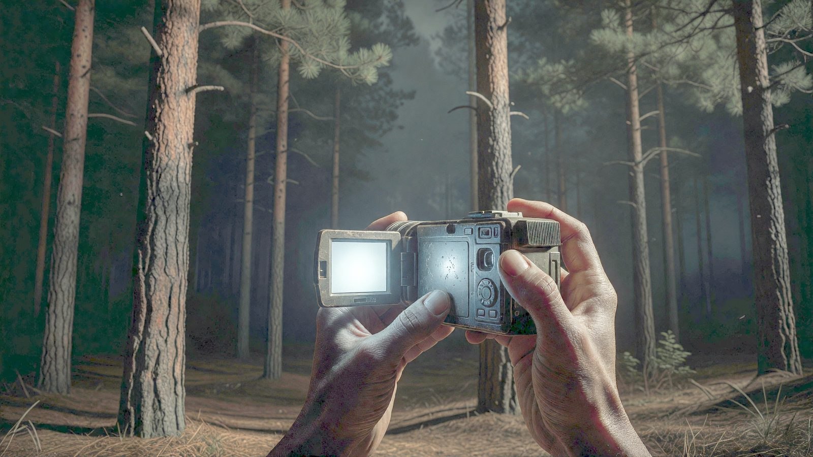 Caméra vidéo tenue à deux mains dans une forêt de pins nocturne, éclairée par le reflet de l'écran