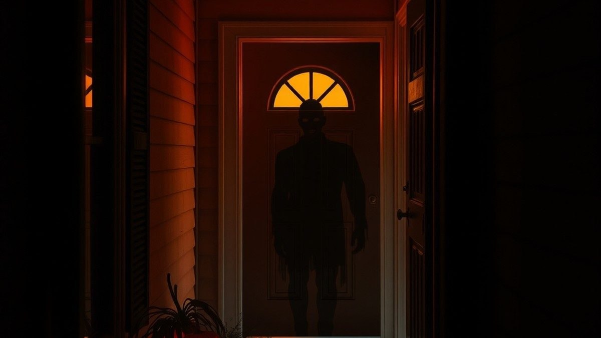 Couloir sombre d'une maison la nuit d'Halloween avec une lueur inquiétante filtrant sous une porte