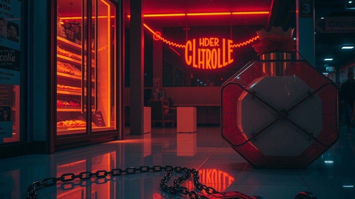 Vitrine sombre et inquiétante éclairée par une lueur orange, avec une chaîne rouillée au sol, sans personnage ni logo visible