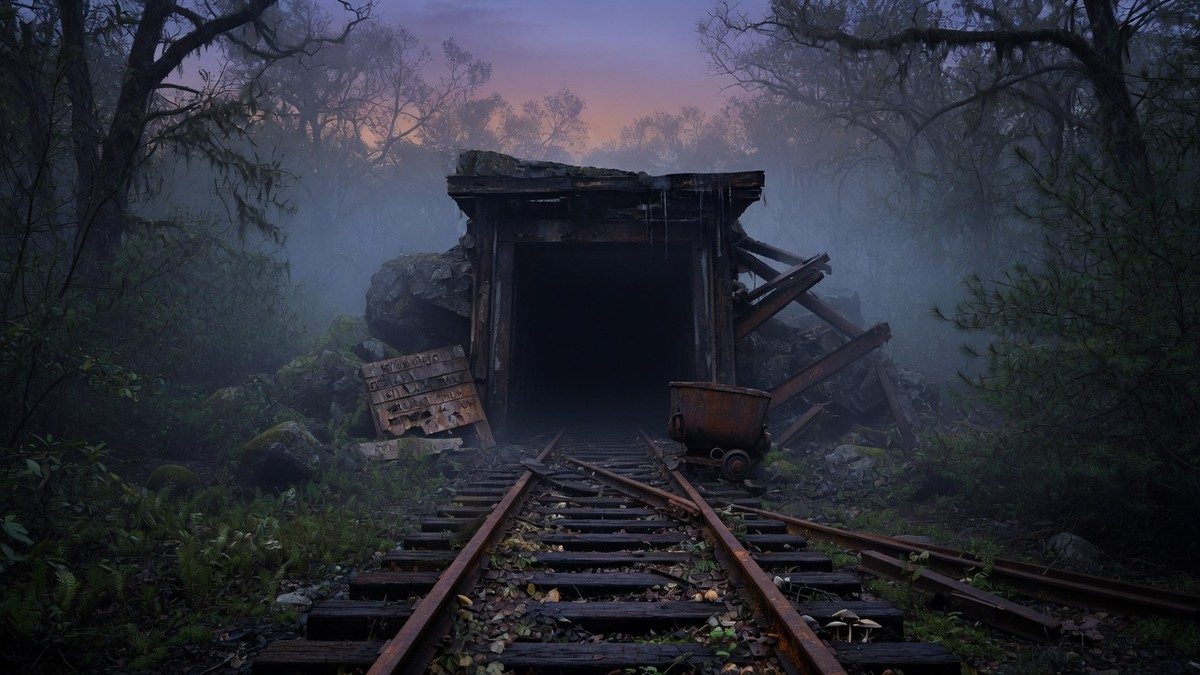 Entrée sombre et brumeuse d'une mine de charbon abandonnée dans une forêt des Appalaches