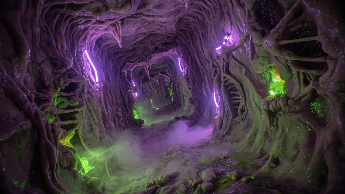 Couloir sombre et déformé baigné d'une lumière violette et verte, ambiance psychédélique inquiétante