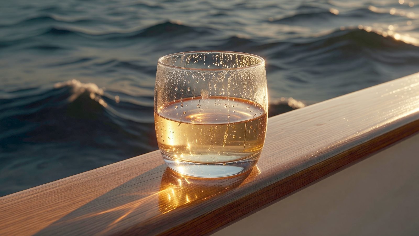 Un verre de cocktail abandonné sur le bastingage en teck d'un yacht privé, éclairé par la lumière dorée du coucher de soleil sur une mer sombre.