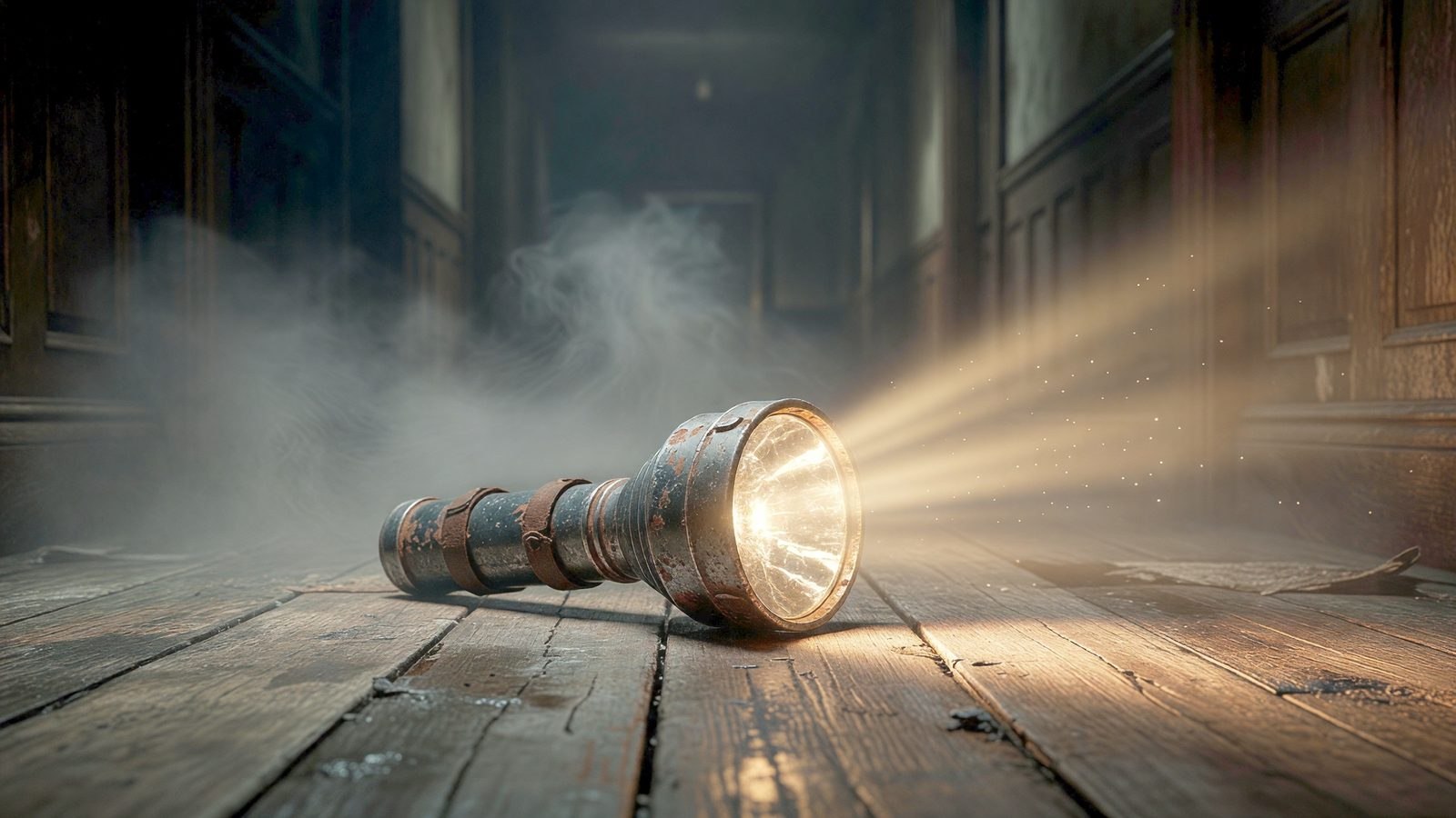 Une lampe de poche métallique posée au sol, son faisceau éclairant un couloir sombre et brumeux