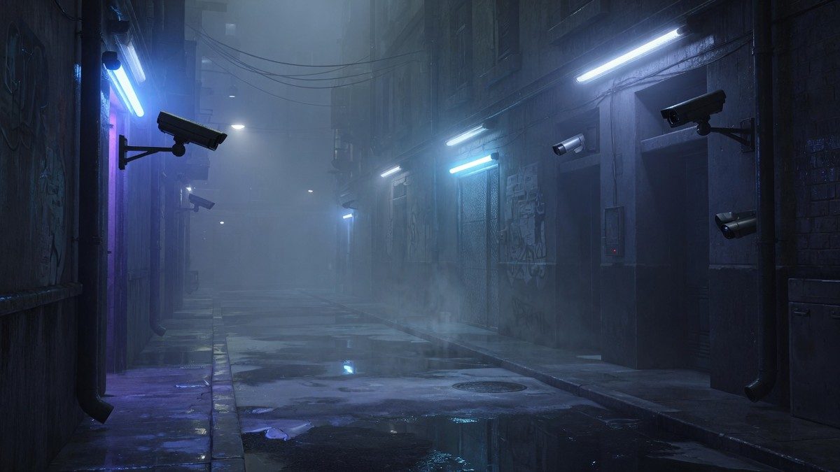 Couloir urbain brumeux la nuit avec des caméras de surveillance, ambiance oppressante de dystopie