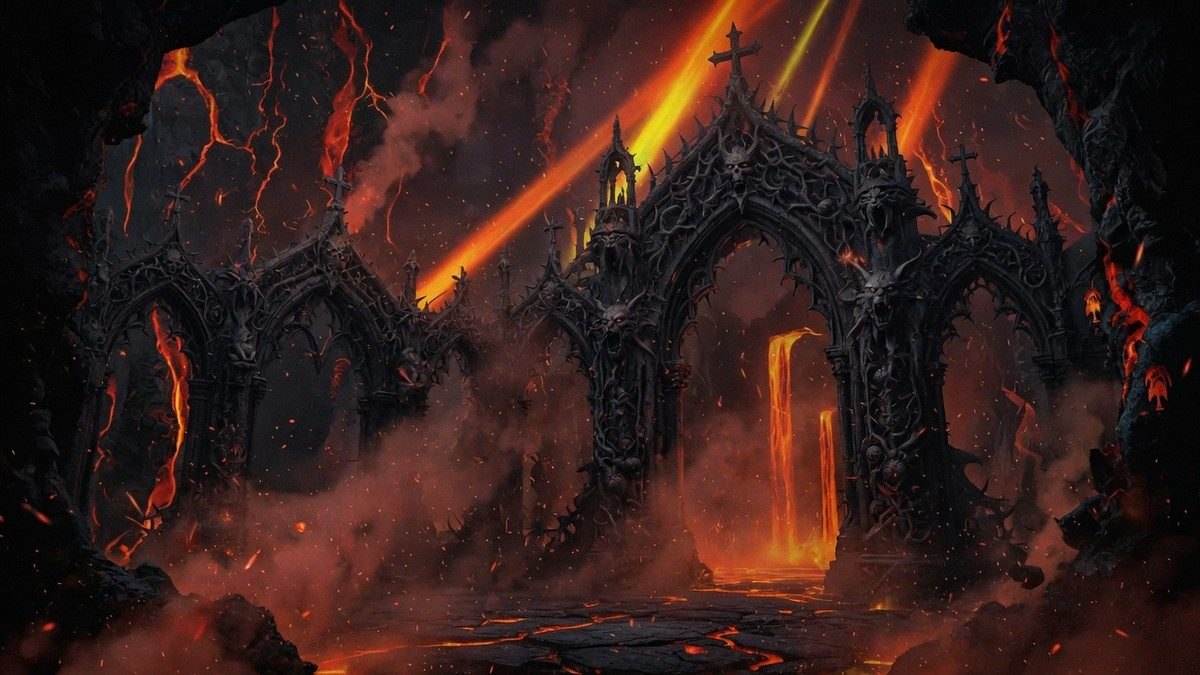 Paysage infernal sombre avec arches de pierre et lueurs de lave évoquant l'univers démoniaque de Diablo