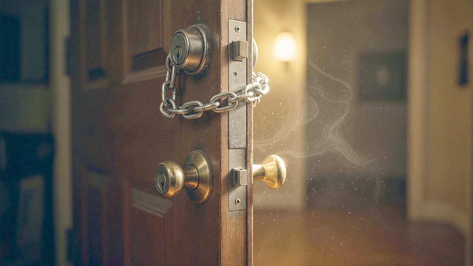 Gros plan sur une chaîne de sécurité et un verrou de porte d'entrée, éclairés par une lumière chaude filtrant dans la pénombre