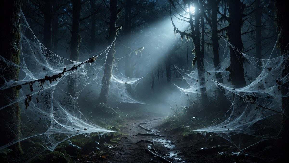 Toiles d'araignée géantes tendues entre les arbres d'une forêt brumeuse et nocturne