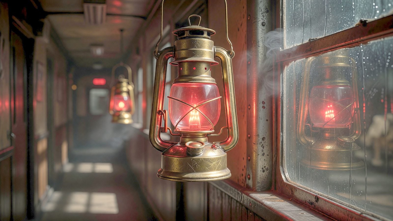 Une lanterne de conducteur de train brille d'une lumière rouge dans un couloir de wagon plongé dans l'obscurité.