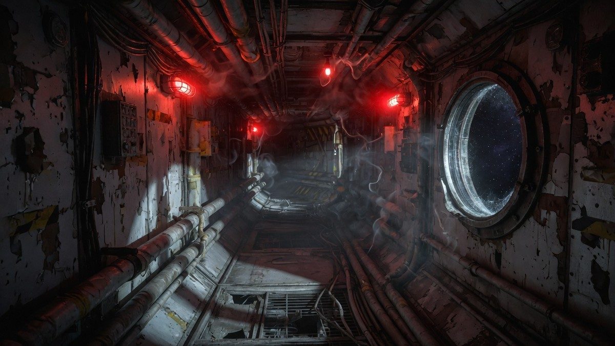 Couloir métallique sombre d'une station spatiale abandonnée éclairé par une lumière d'urgence rouge