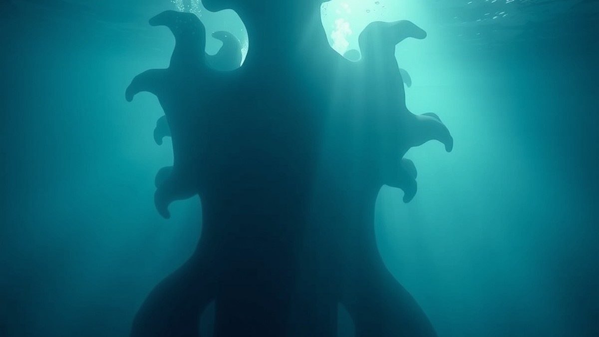 Eau sombre et trouble éclairée en bleu-vert avec une silhouette massive floue en arrière-plan, évoquant une plongée sous-marine oppressante